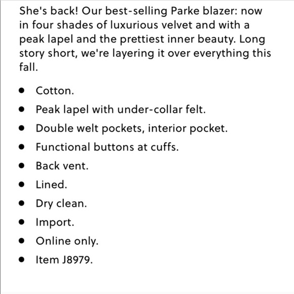 (Sold) Nwot J crew parke blazer velvet 00p - Picture 5 of 6